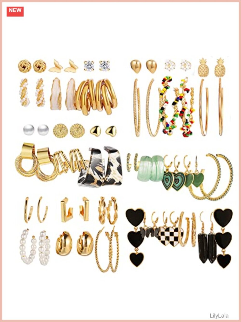 34 Pair Gold Hoop Drop Dangle Earrings Set Hypoallergenic Gift